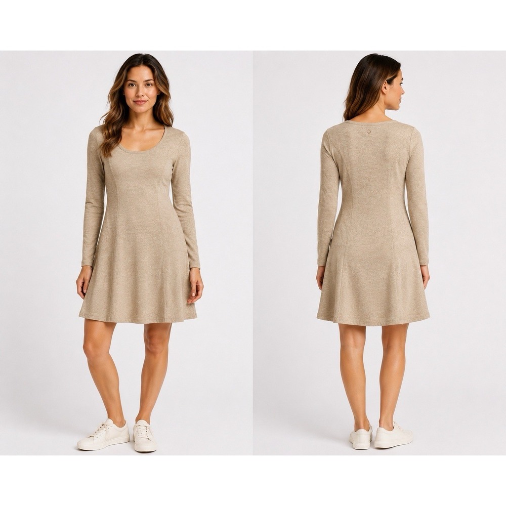 prAna Soskia Almond Heather Ponte Princess Seam A-Line Scoop Neck Dress Sz L